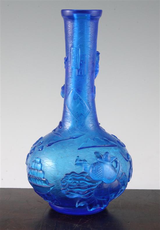 A Chinese blue glass bottle vase, 27cm